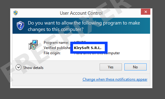 Screenshot where KirySoft S.R.L. appears as the verified publisher in the UAC dialog